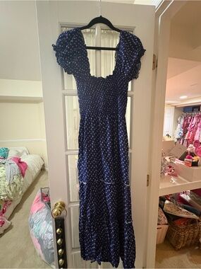 Smocked Navy Blue Floral Maxi Dress with Puff Sleeves
